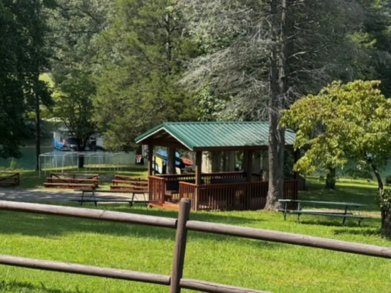 Lakeside picnic gazebo and split-rail fence