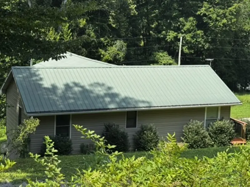 Green-roofed camp building in the trees