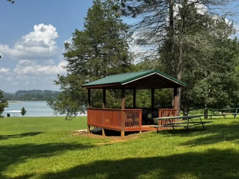 Red lakeside gazebo overlooking Norris Lake